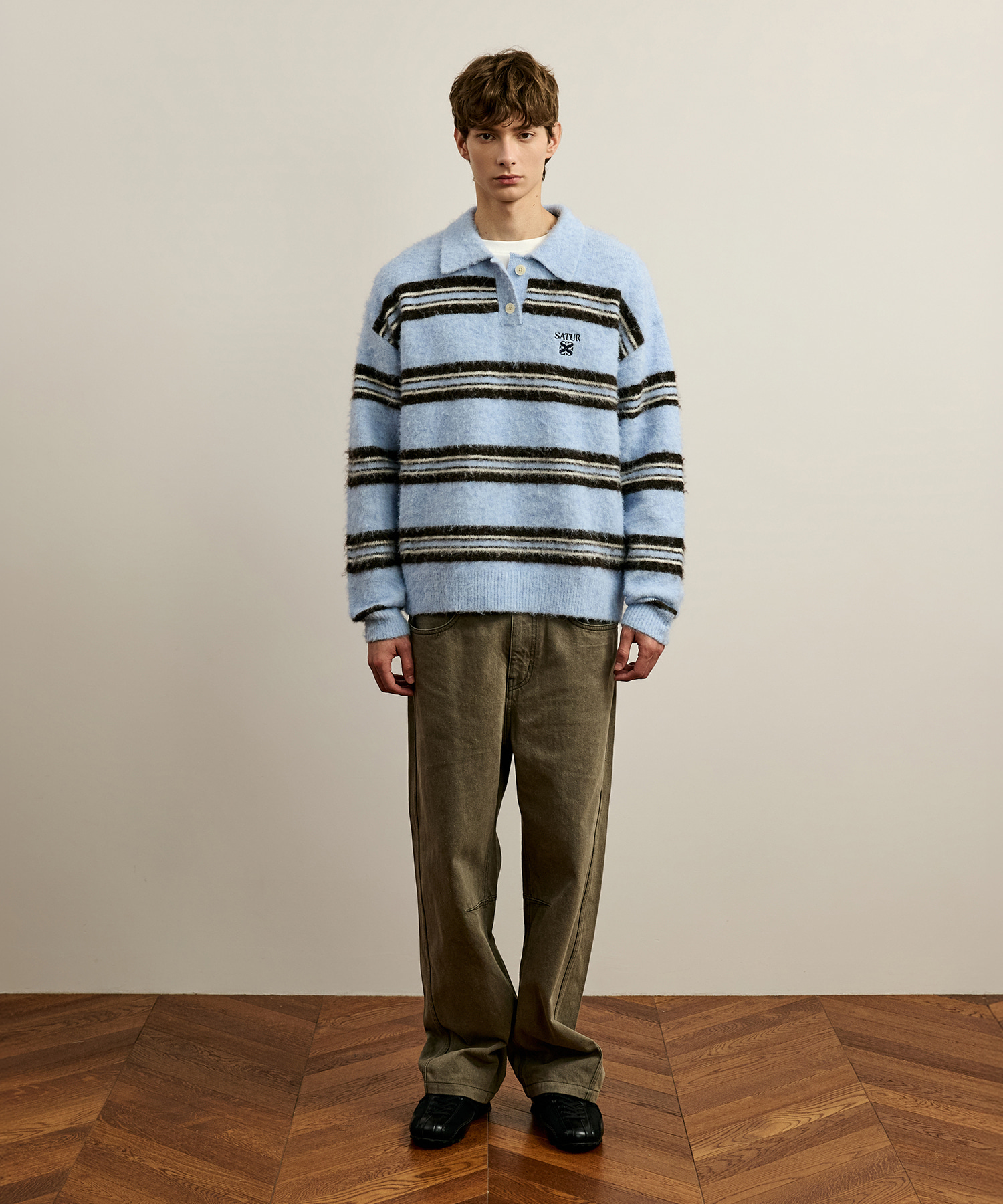 SATUR 條紋Polo領長袖針織衫 (U) Stripe Polo Knit