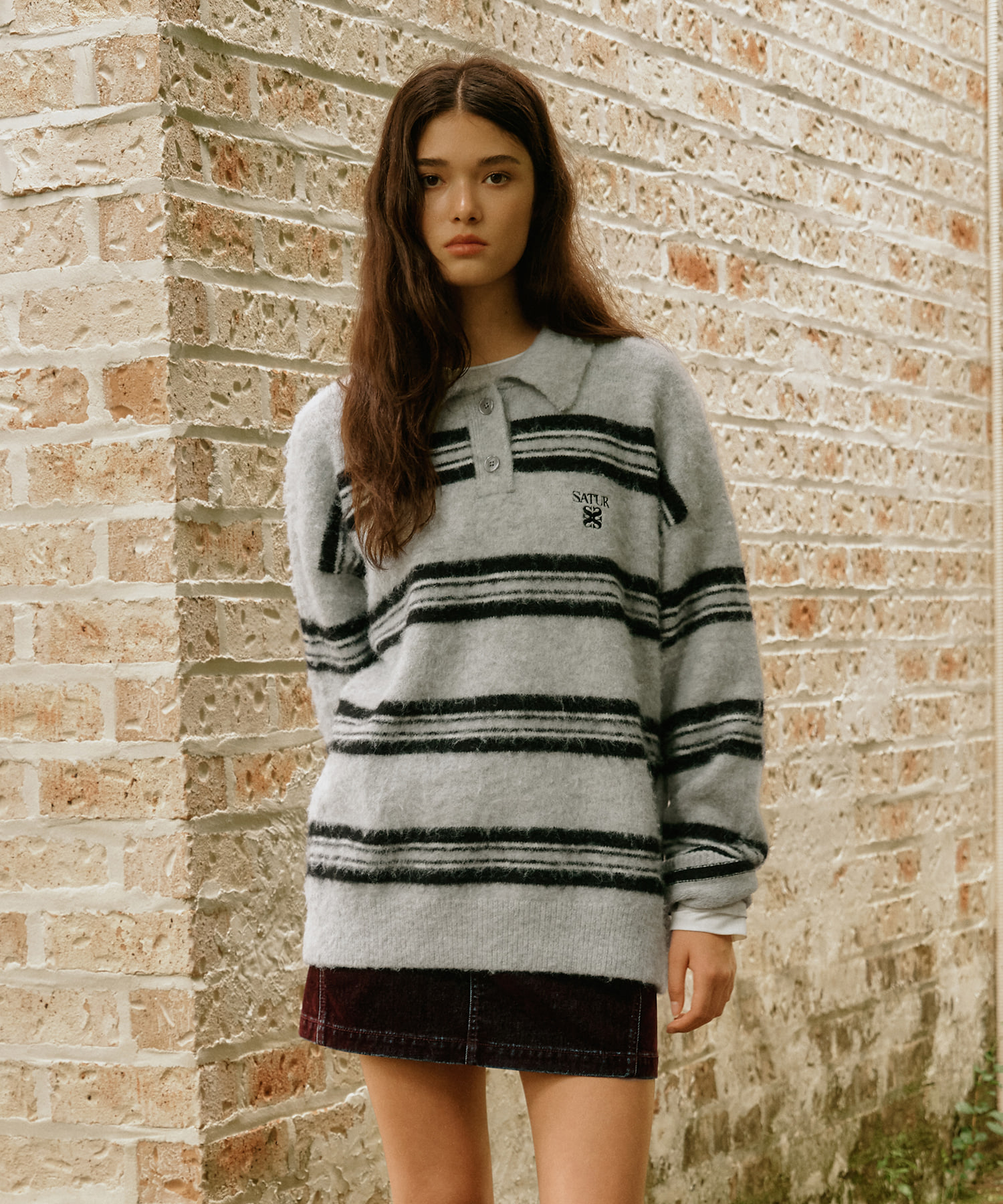 SATUR 條紋Polo領長袖針織衫 (U) Stripe Polo Knit