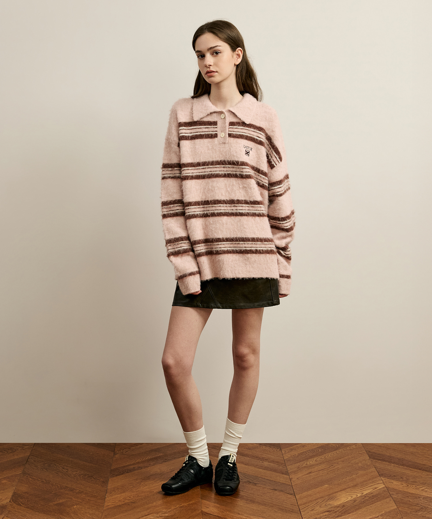 SATUR 條紋Polo領長袖針織衫 (U) Stripe Polo Knit