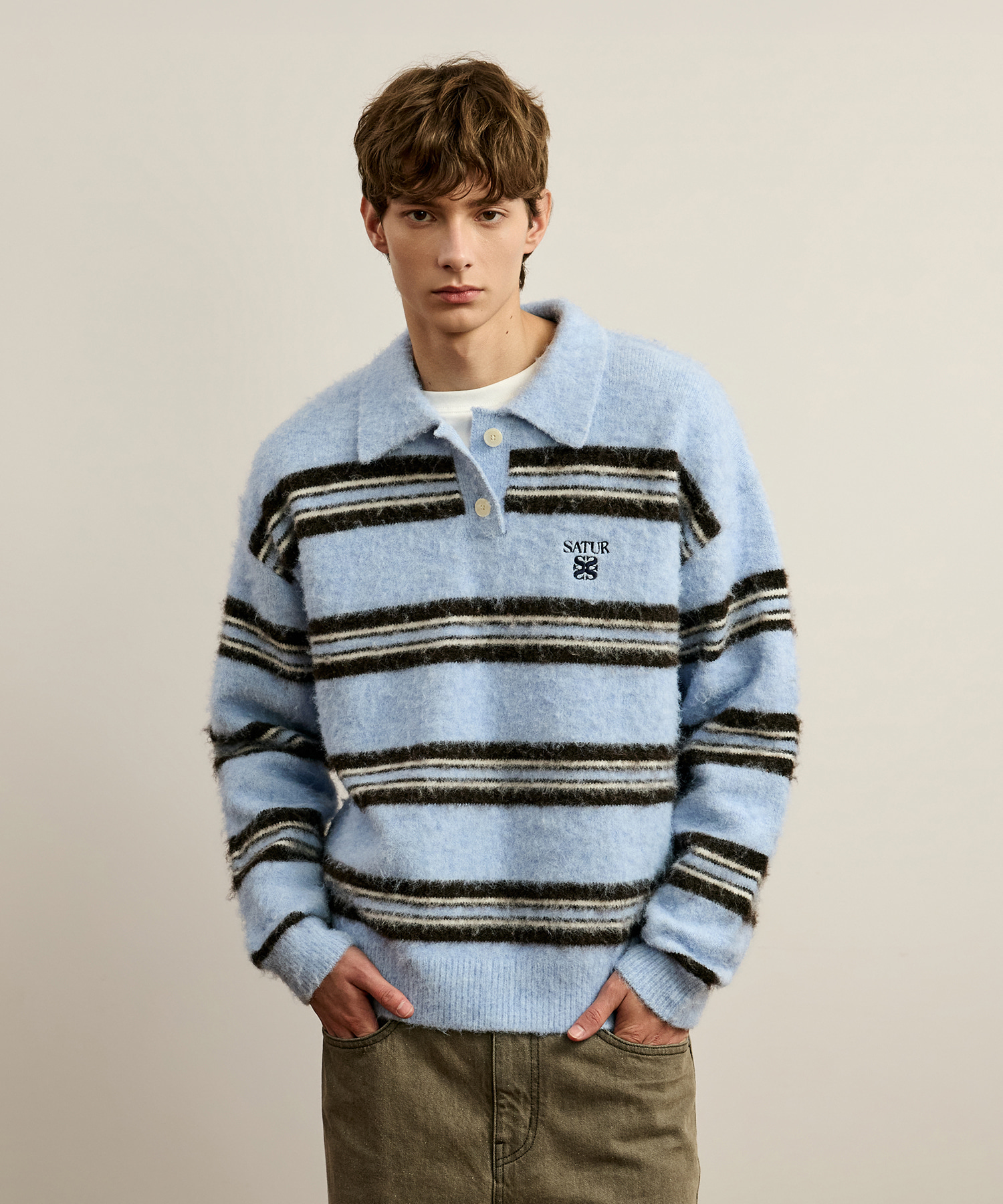 SATUR 條紋Polo領長袖針織衫 (U) Stripe Polo Knit